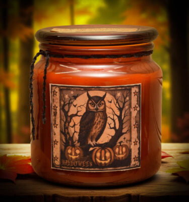 Amber jar candle with a primitive folk art owl label, surrounded by pumpkins and fall leaves.