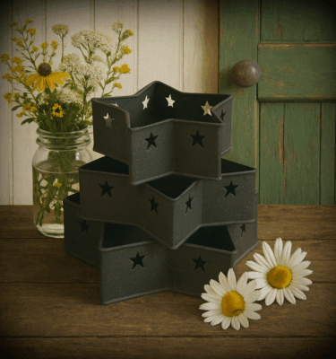 Rustic set of 3 black metal star pans with star cutouts, displayed on a barnwood tabletop with wildflowers.