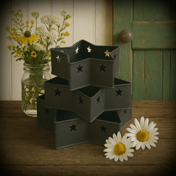 Rustic set of 3 black metal star pans with star cutouts, displayed on a barnwood tabletop with wildflowers.