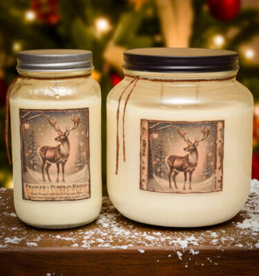 Prancer’s Pumpkin Bread collection with jar candles, wax tarts, and room spray in festive holiday packaging.