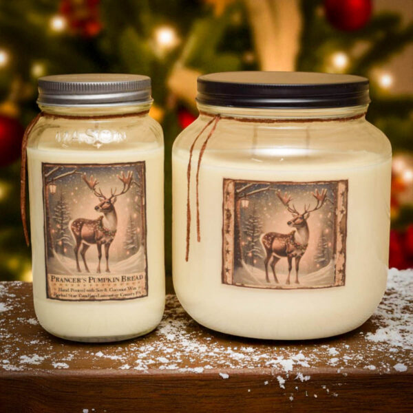 Prancer’s Pumpkin Bread collection with jar candles, wax tarts, and room spray in festive holiday packaging.