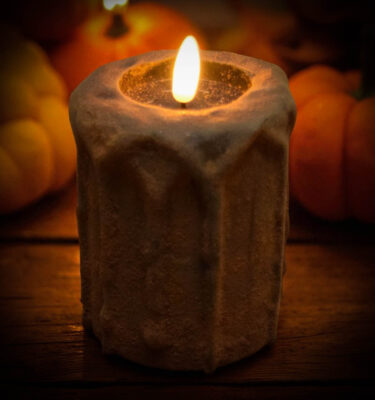 3x4 blackened flameless candle with spice coating and realistic flickering flame