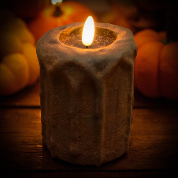 3x4 blackened flameless candle with spice coating and realistic flickering flame