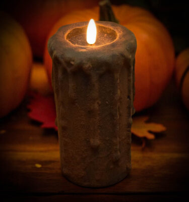 3x6 blackened flameless candle with spice coating and realistic flickering flame