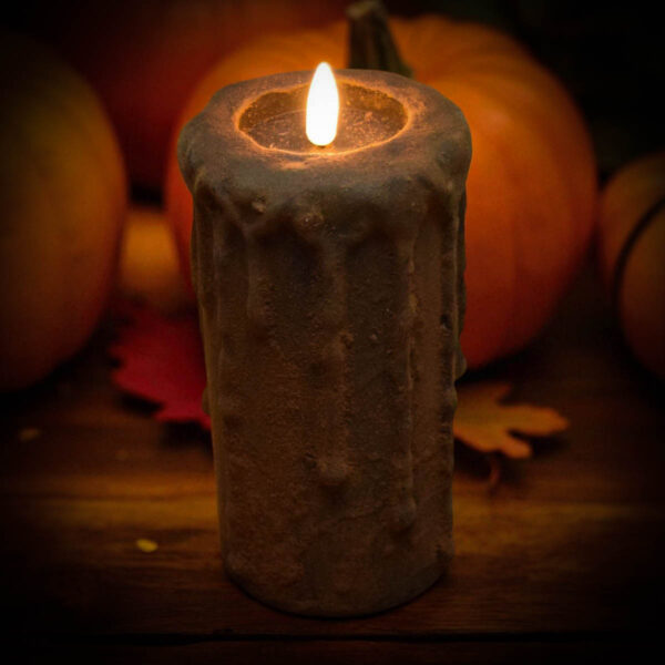 3x6 blackened flameless candle with spice coating and realistic flickering flame