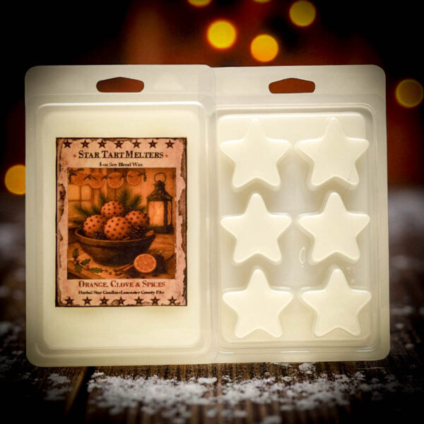 Orange Clove and Spices star tart melters in a 6-cavity clamshell package, Herbal Star Candles, Lancaster County PA”