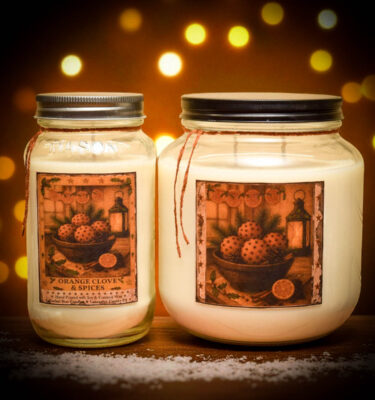 “Orange Clove Scent Collection with candles, soaps, room spray and wax tarts, hand-poured by Herbal Star Candles in Lancaster County, PA”