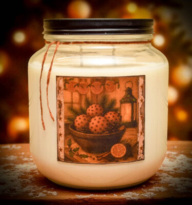 “64 oz Orange Clove Candle in farmhouse jar with folk-art label, two wicks, hand-poured by Herbal Star Candles in Lancaster County, PA”