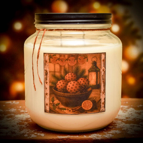“64 oz Orange Clove Candle in farmhouse jar with folk-art label, two wicks, hand-poured by Herbal Star Candles in Lancaster County, PA”
