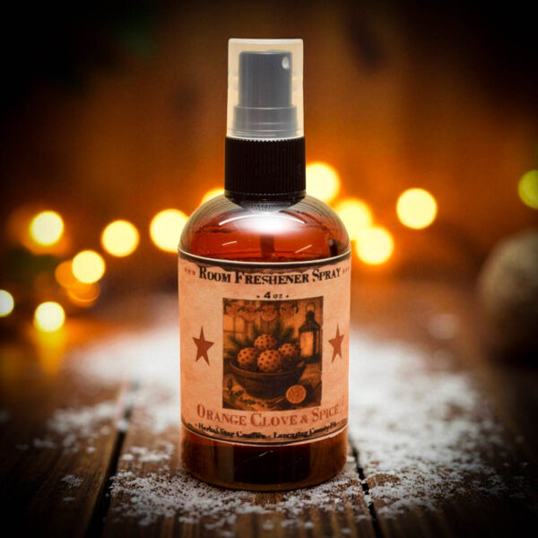 “Orange Clove Room Spray bottle with folk-art label, hand-poured by Herbal Star Candles in Lancaster County, PA”