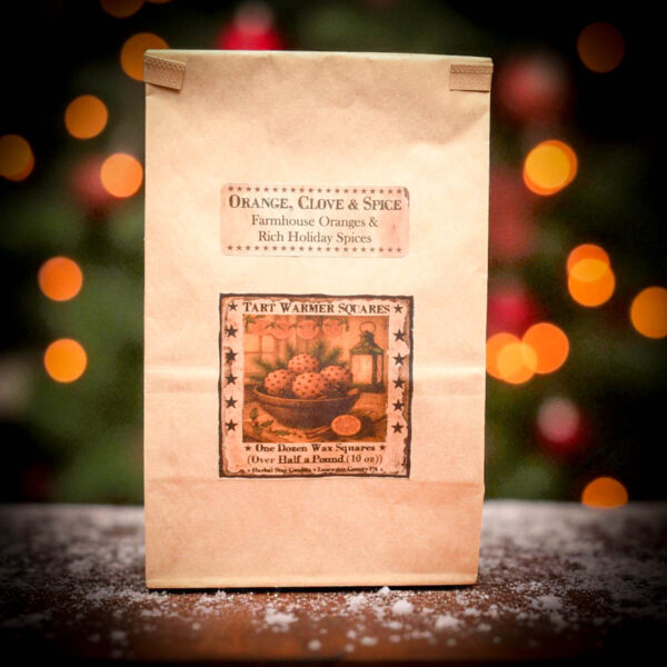 “Orange Clove and Spices tart warmer squares bag with folk-art label, Herbal Star Candles, Lancaster County PA”