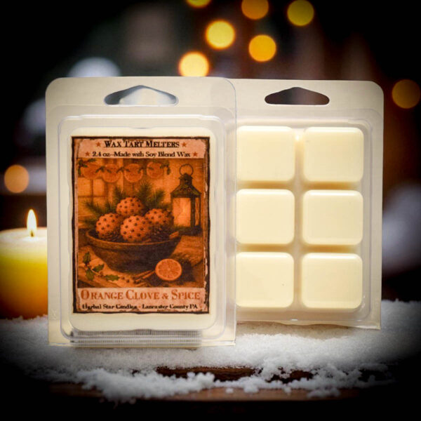 “Orange Clove Mini Tart clamshell with six wax squares and folk-art label, Herbal Star Candles, Lancaster County, PA”