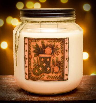 64 oz Spruce and Citrus Candle – Large Mason Jar with Folk Art Holiday Stocking Label and Two Wicks