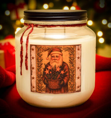 Old Santa Cinnamon 64 oz half gallon jar candle with folk art Santa label – dual wick centerpiece with spicy cinnamon fragrance