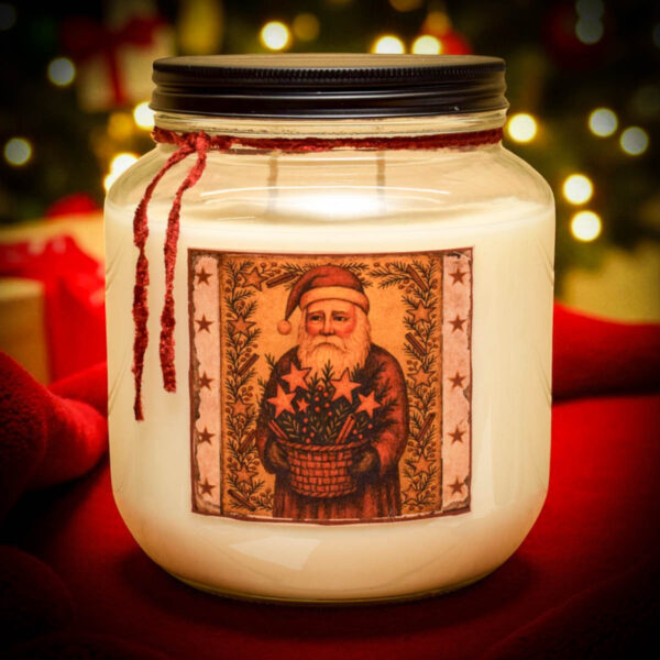 Old Santa Cinnamon 64 oz half gallon jar candle with folk art Santa label – dual wick centerpiece with spicy cinnamon fragrance