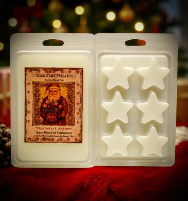 Old Santa Cinnamon Star Tarts – 4 oz star-shaped soy wax melts with folk art Santa label and spicy cinnamon fragrance