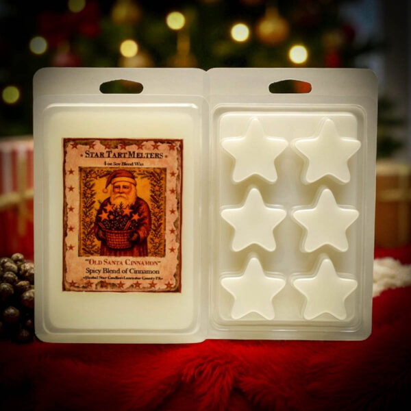 Old Santa Cinnamon Star Tarts – 4 oz star-shaped soy wax melts with folk art Santa label and spicy cinnamon fragrance
