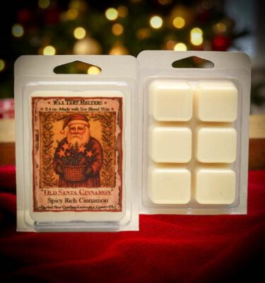 Old Santa Cinnamon mini tarts 2.4 oz clamshell pack with 6 wax cubes and folk art Santa label – spicy cinnamon fragrance