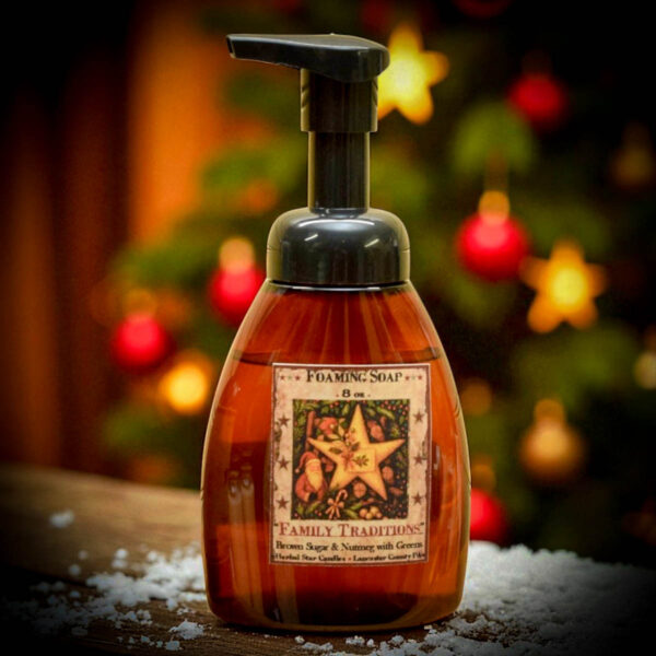 Family Traditions Foaming Soap, formerly Christmas Traditions, in 8 oz amber pump bottle with folk-art holiday label. Brown sugar, nutmeg & pine scent.