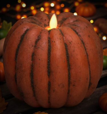 “Large pumpkin moving flame candle with rustic cinnamon spice grunge glowing warmly among autumn leaves”