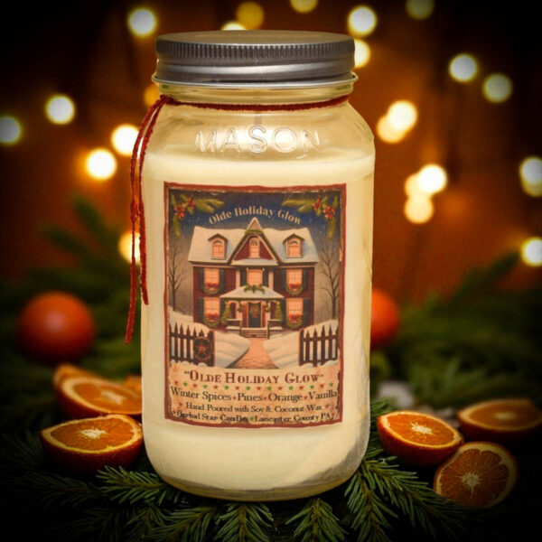 “Olde Holiday Glow 24 oz Christmas candle with festive label”