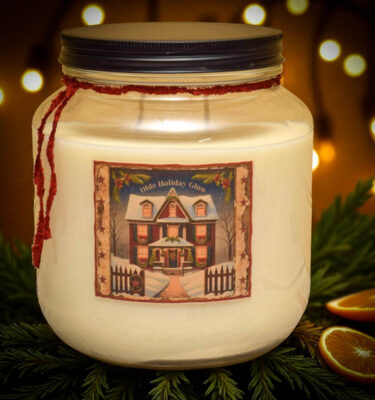 “Olde Holiday Glow 64 oz candle with farmhouse Christmas label artwork”