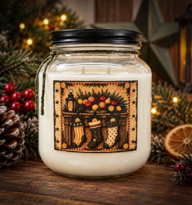 64 oz Spruce & Citrus Stockings Candle – Large two-wick soy and coconut wax jar candle with rustic Christmas stocking label, surrounded by festive greenery, pinecones, and warm holiday lights.