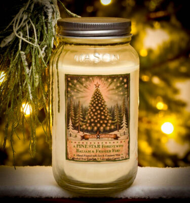 Pine Star Forest Candle – Balsam and Frasier Fir Soy Candle in 24 oz Mason Jar with vintage tin lid – Herbal Star Candles”