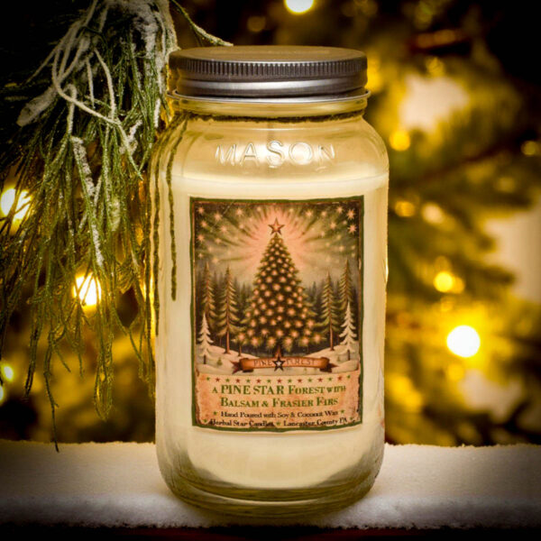 Pine Star Forest Candle – Balsam and Frasier Fir Soy Candle in 24 oz Mason Jar with vintage tin lid – Herbal Star Candles”