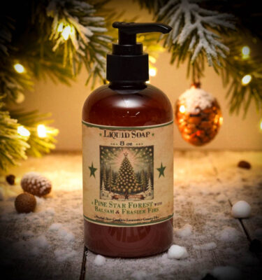 “Pine Star Forest Liquid Soap – 8 oz amber pump bottle with Balsam and Frasier Fir scent by Herbal Star Candles”