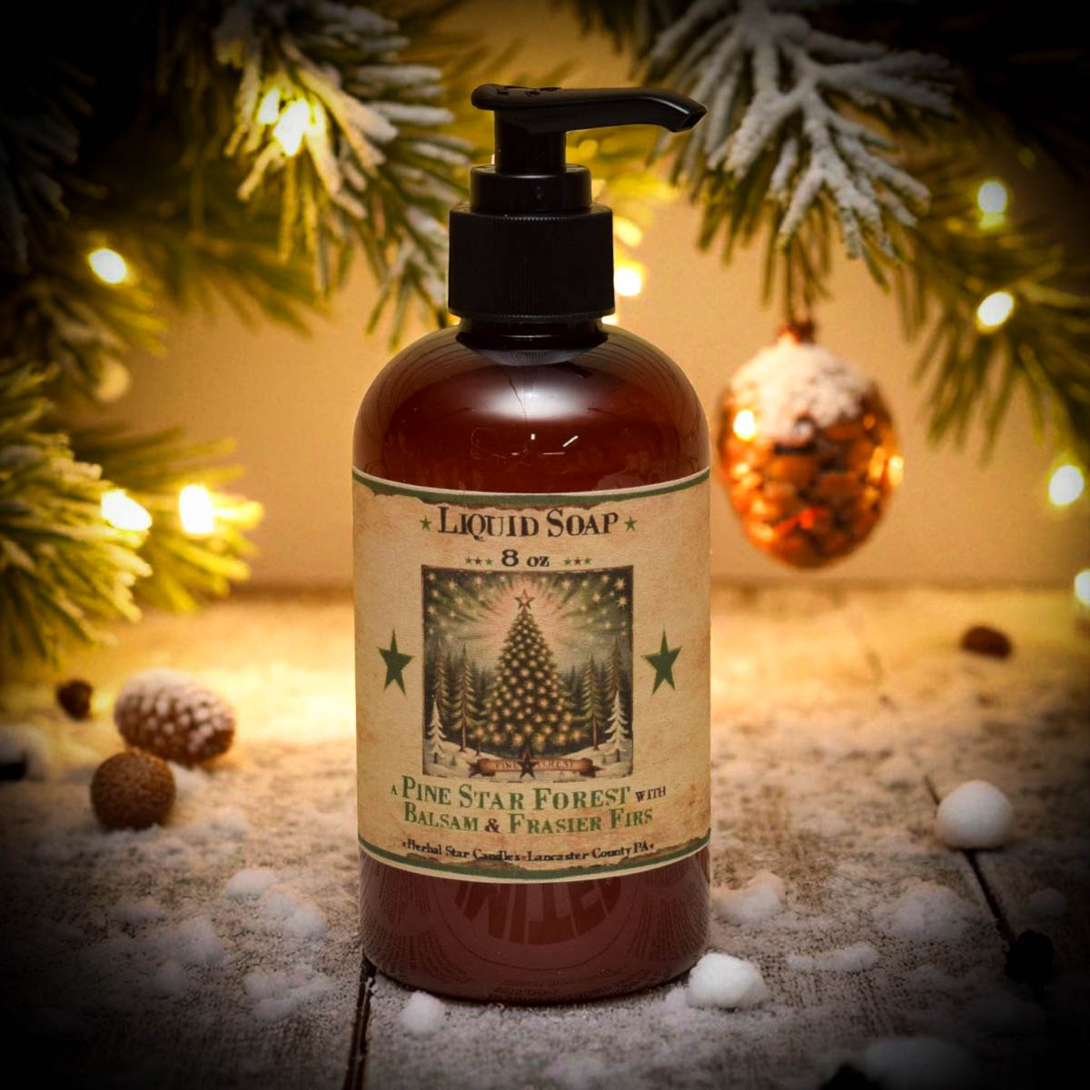 “Pine Star Forest Liquid Soap – 8 oz amber pump bottle with Balsam and Frasier Fir scent by Herbal Star Candles”