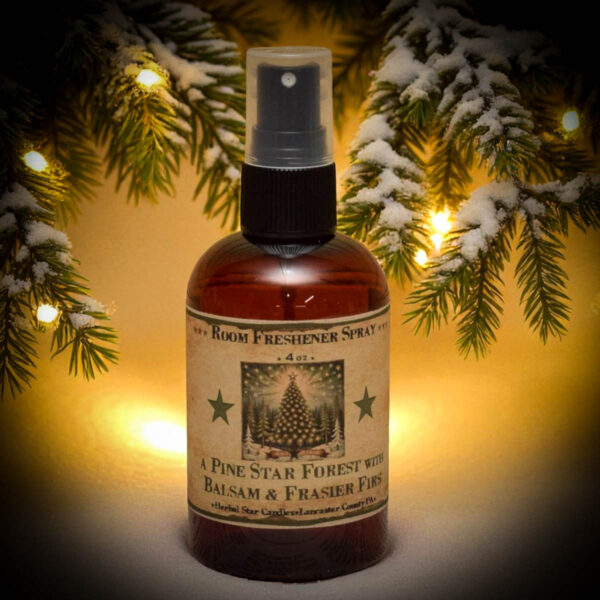 “Pine Star Forest Room Spray – 4 oz amber bottle with Balsam and Frasier Fir scent by Herbal Star Candles”