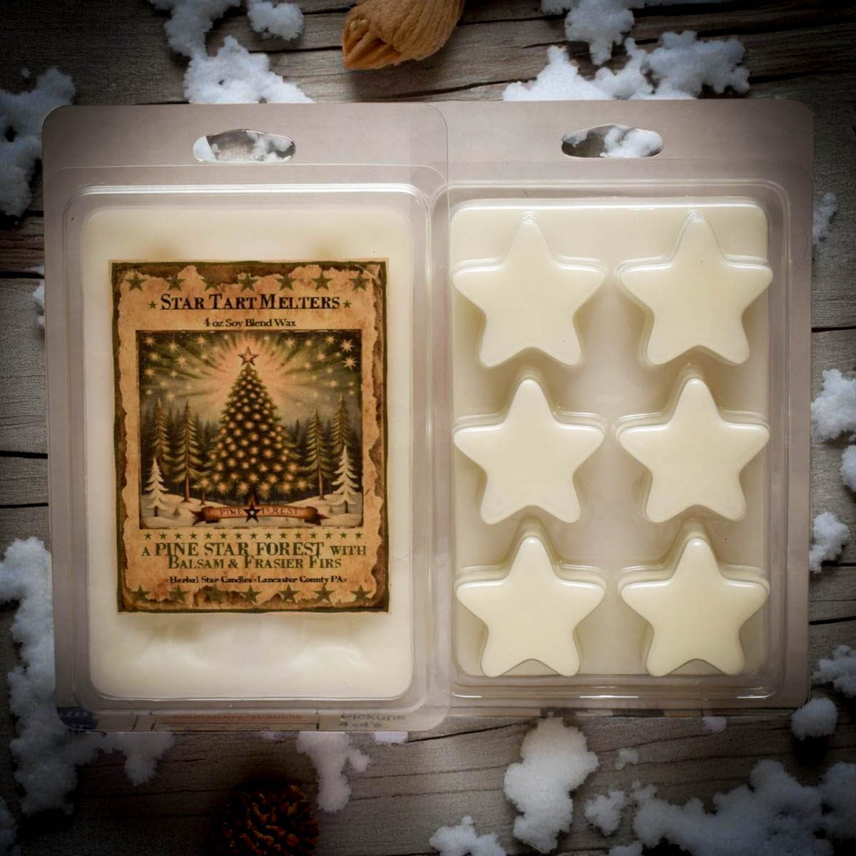 “Pine Star Forest Star Tarts – 4 oz star-shaped soy blend wax melts with Balsam and Frasier Fir scent by Herbal Star Candles”