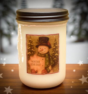 “Winter Star Dust Frosted White Farmhouse Jar Candle – 18 oz frosted glass with rich vanilla and spicy cinnamon scent by Herbal Star Candles”