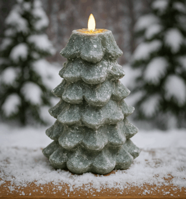 Pine-scented grungy snow tree candle glowing with mica glitter finish