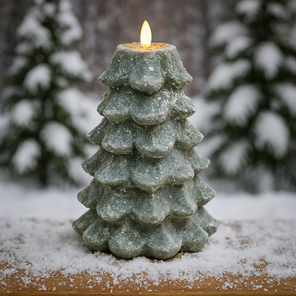 Pine-scented grungy snow tree candle glowing with mica glitter finish