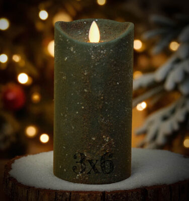 Green Pine Scented Moving Flame Candle 3x6 with grungy finish and mica glitter