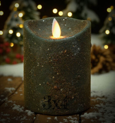Green Pine Scented Moving Flame Candle 3x4 with grungy finish and mica glitter