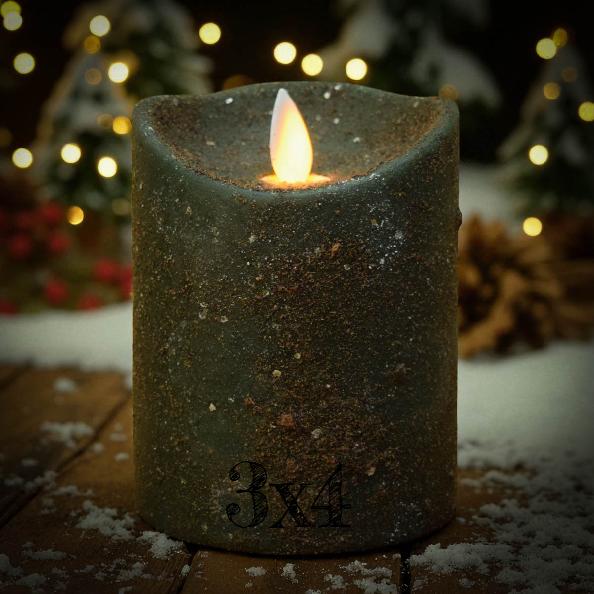 Green Pine Scented Moving Flame Candle 3x4 with grungy finish and mica glitter