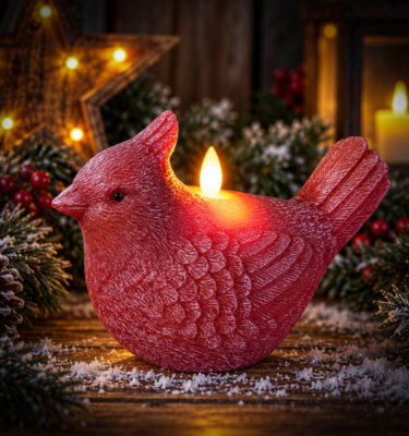 Cardinal Shaped Moving Flame LED Candle with detailed red feathers and glowing flame, displayed with snowy greenery and illuminated wooden star.