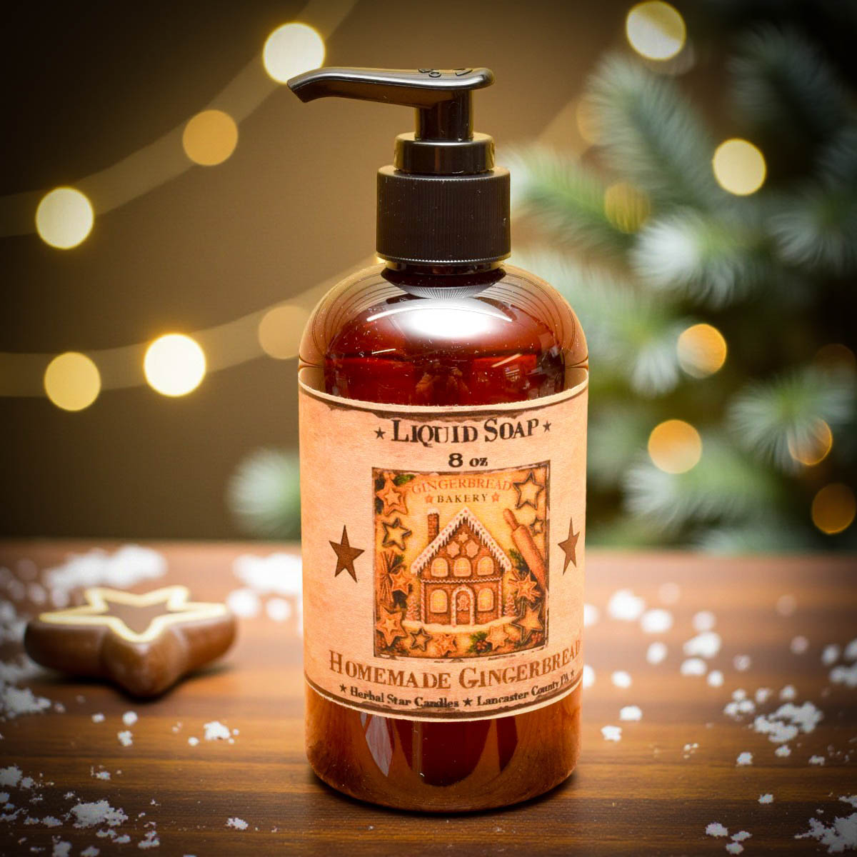 Homemade Gingerbread liquid hand soap 8 oz amber pump bottle with gingerbread house label.