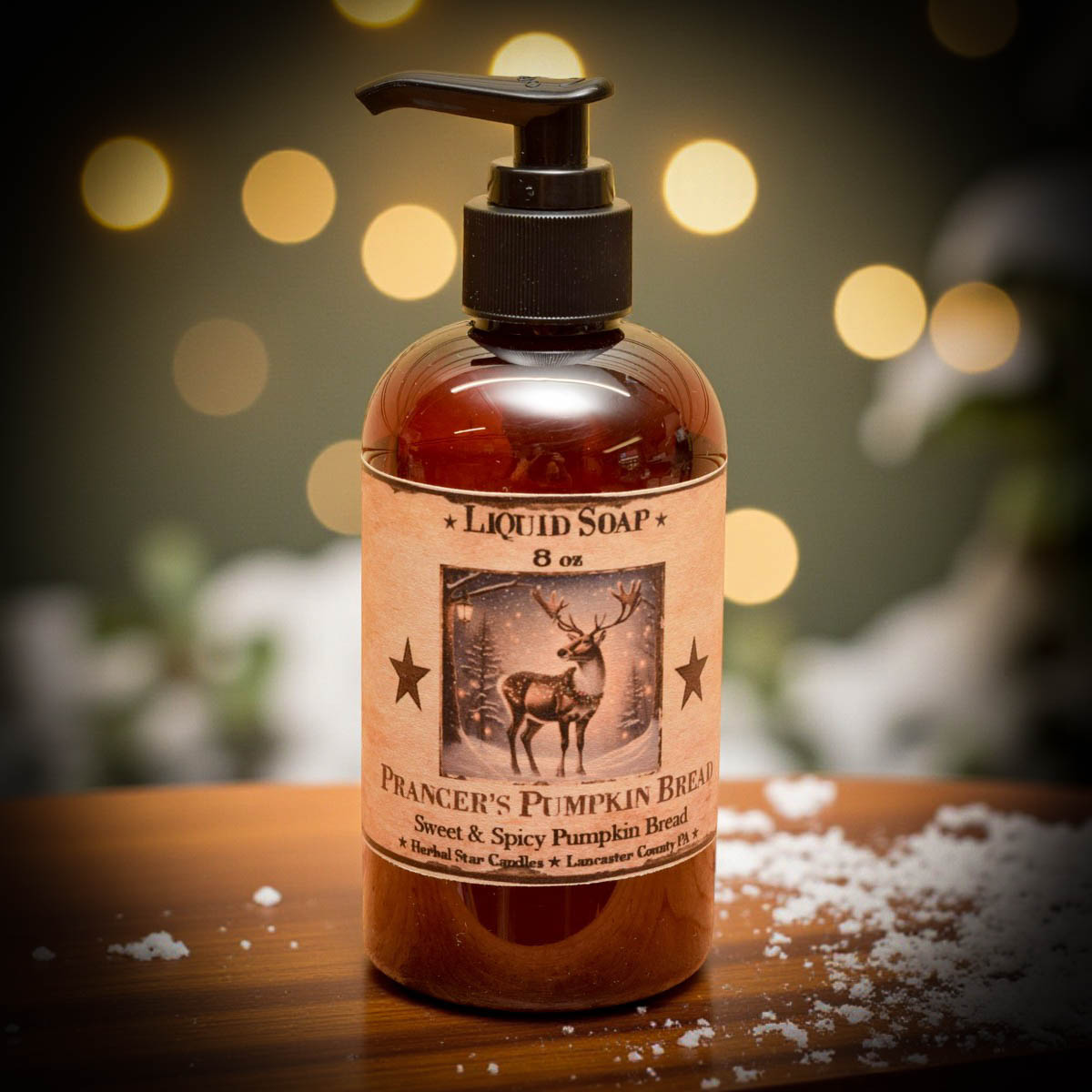 8 oz Prancer’s Pumpkin Bread liquid soap bottle with rustic holiday reindeer label.