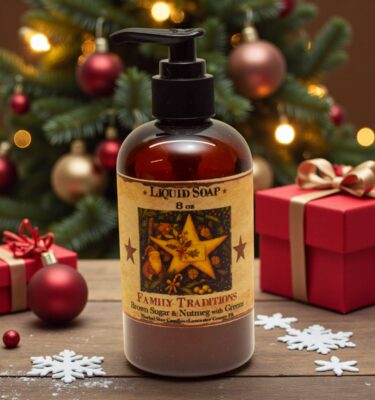 Family Traditions 8 oz Liquid Soap, formerly Christmas Traditions, in amber pump bottle with folk-art Christmas label. Brown sugar, nutmeg & pine scent.