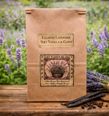 Lavender, Clove and Vanilla wax tarts packaged in a rustic kraft bag with lavender artwork