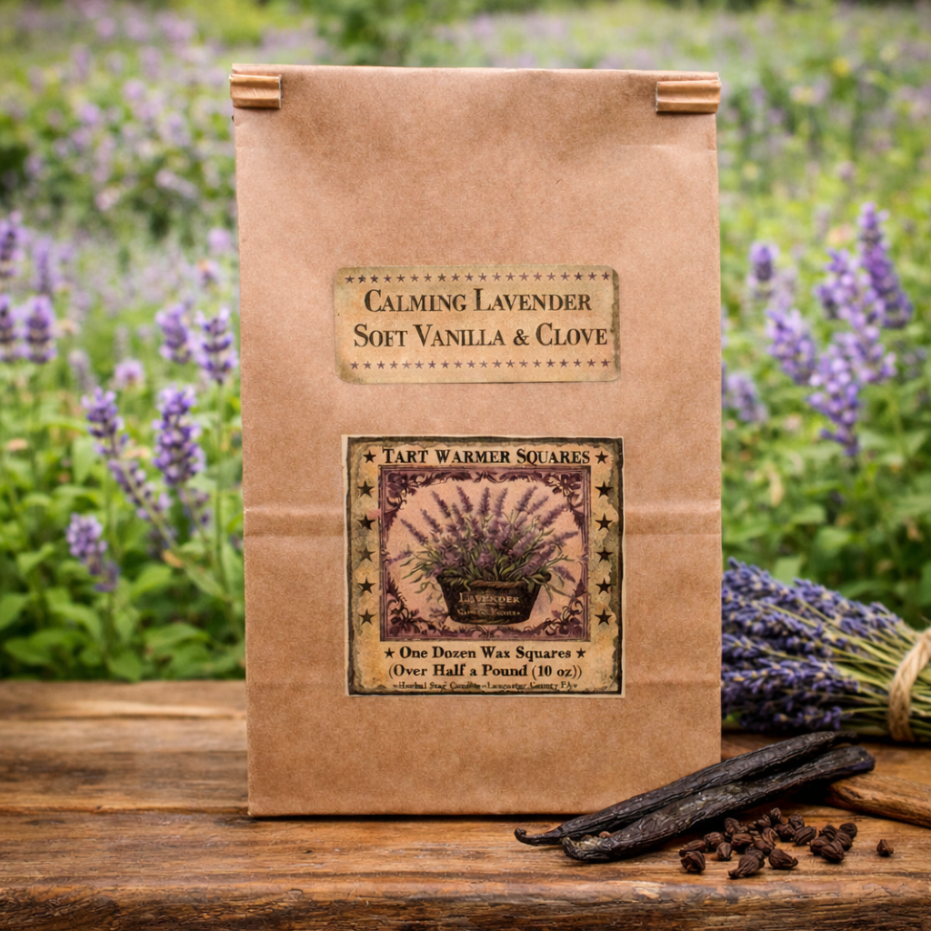 Lavender, Clove and Vanilla wax tarts packaged in a rustic kraft bag with lavender artwork