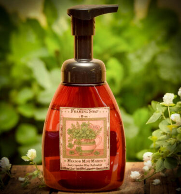 Meadow Mint Mojito foaming soap bottle with green folk art pitcher and clover label