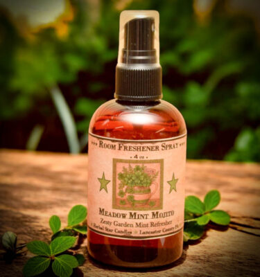 Meadow Mint Mojito room spray bottle with green folk art pitcher and clover label