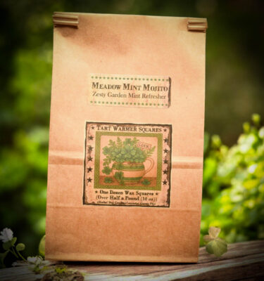 Meadow Mint Mojito bag of 12 wax tarts in kraft paper packaging with green folk art pitcher label