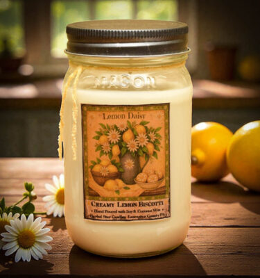 Lemon Daisy candle with lemons and daisies, lemon biscotti scented candle