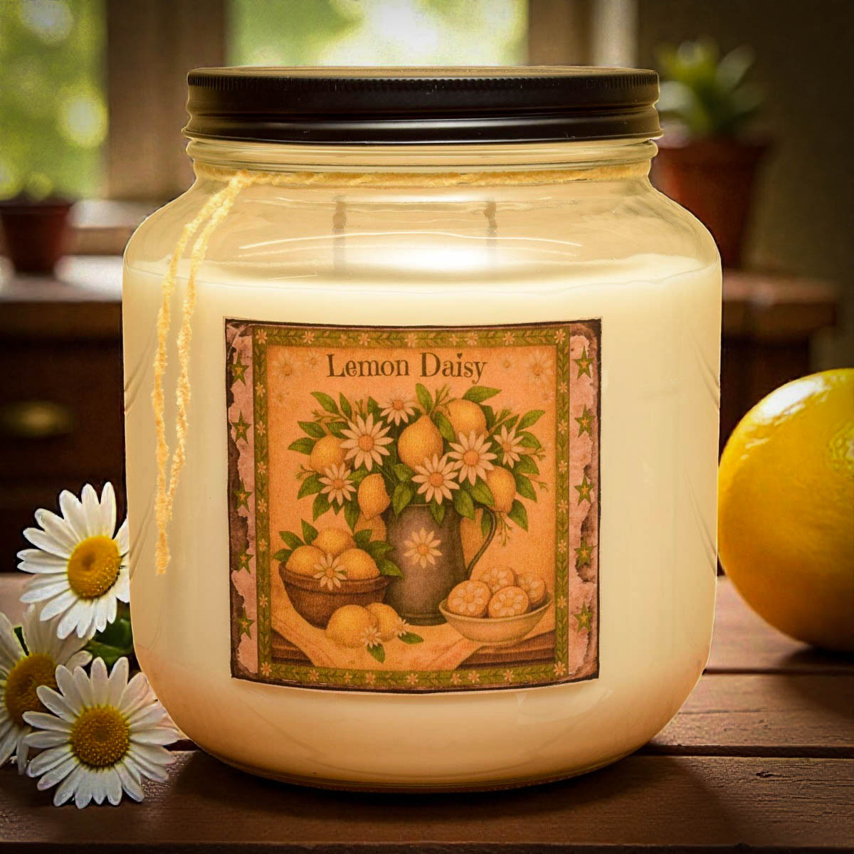 Lemon Daisy candle with lemons and daisies, creamy lemon biscotti scented candle